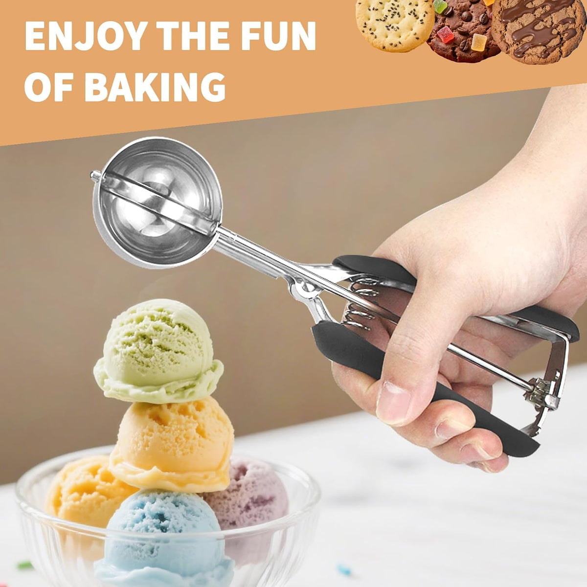 Small Cookie Scoop 1 Tablespoon, Size #60 Cookie Dough Scoop, Stainless Steel Ice Cream Scooper with Trigger Release, for Baking Small Cookies, Meatballs, Melon Balls