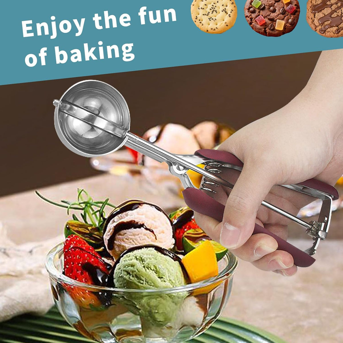 Small Cookie Scoop 1 Tablespoon, Size #60 Cookie Dough Scoop, Stainless Steel Ice Cream Scooper with Trigger Release, for Baking Small Cookies, Meatballs, Melon Balls