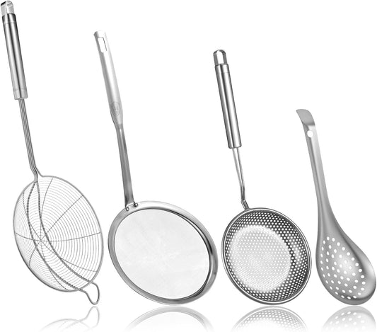 4 Pieces Spider Strainer Skimmer Spoon Set, Fine Mesh Strainer and Fat Skimmer Spoon Set, Stainless Steel Metal With HoleSieve Food Strainers with Hanging Holes, for Cooking, Fat, Grease, Floating Foa