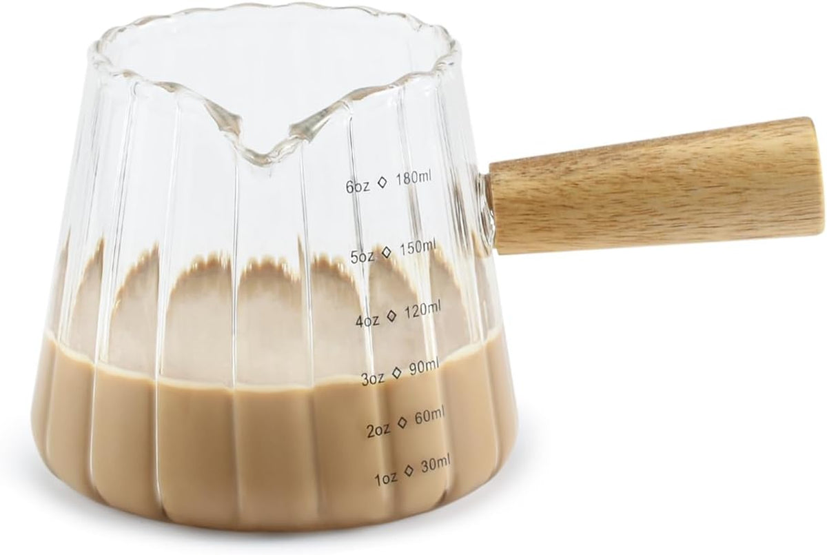 Glass Measuring Cup, 6oz Creamer Pitcher with Wood Handle