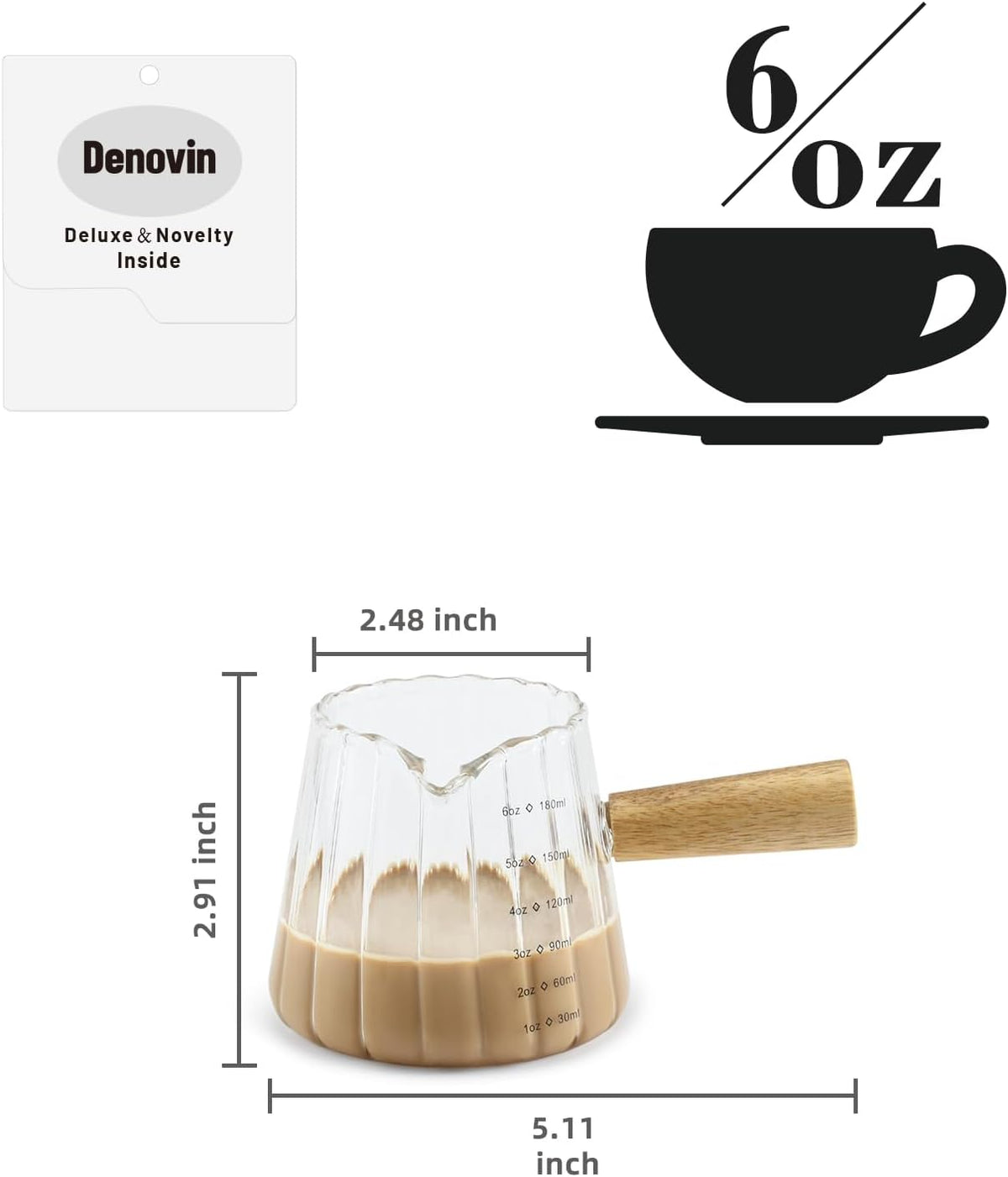 Glass Measuring Cup, 6oz Creamer Pitcher with Wood Handle