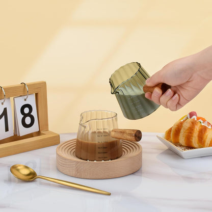 Glass Measuring Cup, 6oz Creamer Pitcher with Wood Handle
