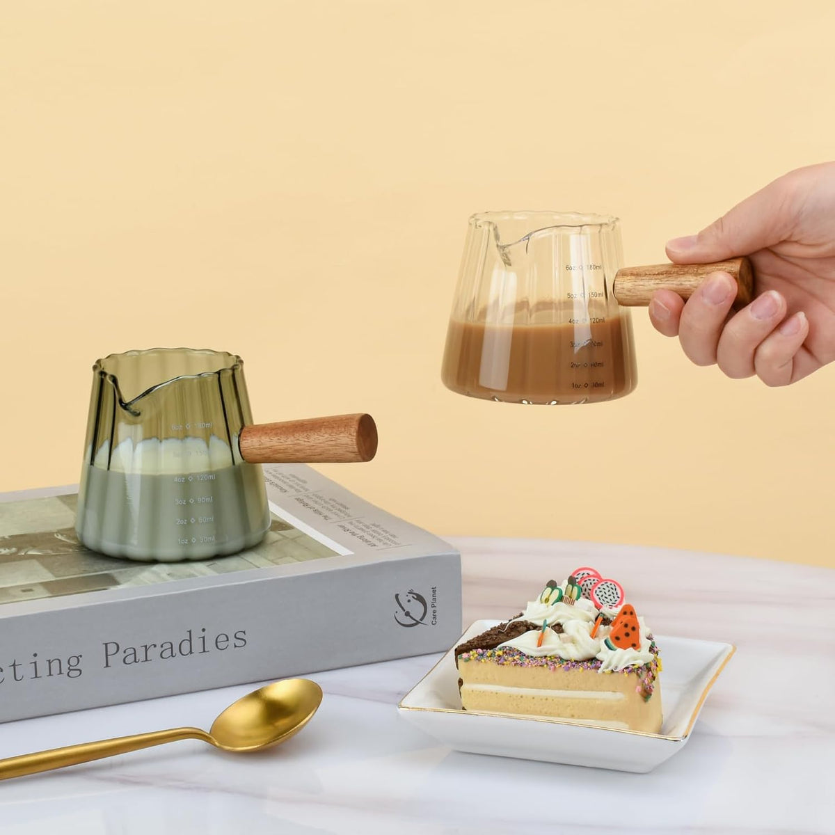 Glass Measuring Cup, 6oz Creamer Pitcher with Wood Handle
