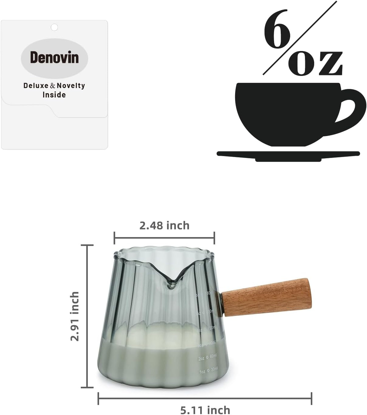 Glass Measuring Cup, 6oz Creamer Pitcher with Wood Handle
