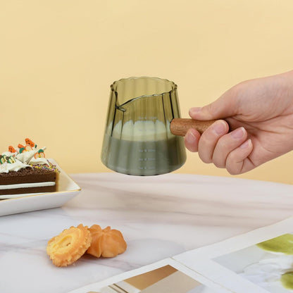 Glass Measuring Cup, 6oz Creamer Pitcher with Wood Handle