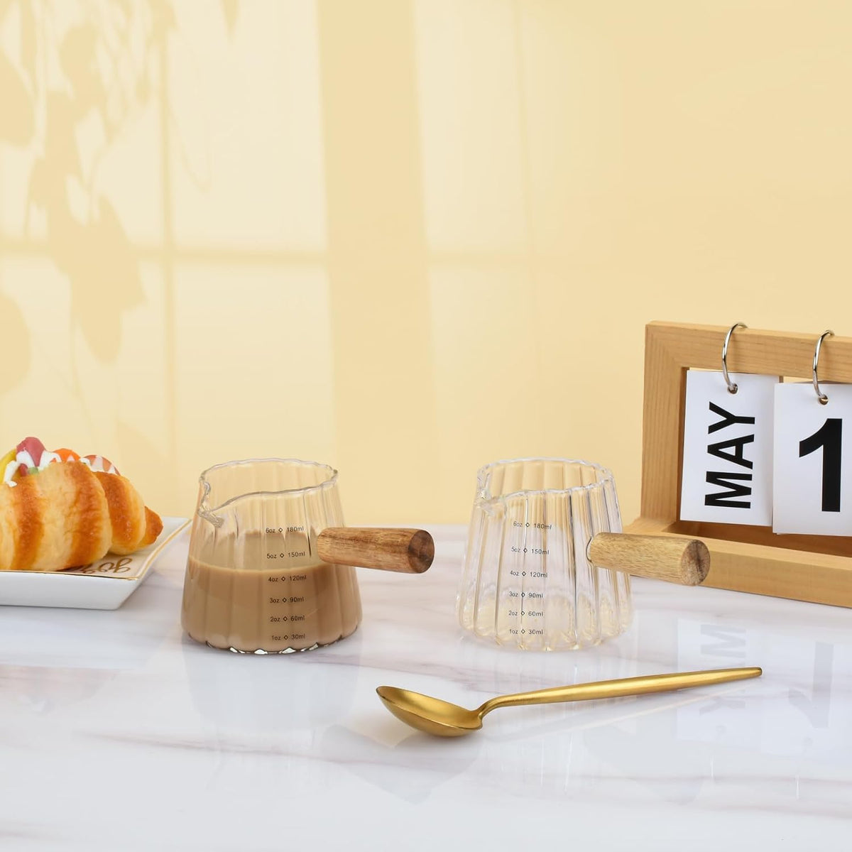 Glass Measuring Cup, 6oz Creamer Pitcher with Wood Handle
