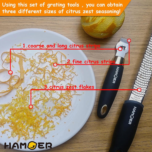Zester Channel Knife & Micro Plane Grater Tool Set Ergonomic Handle | Stainless steel blade,Rubber-plastic non-slip handle,for Parmesan Cheese Lemon Chocolate Citrus Ginger Kitchen Bar Utensils
