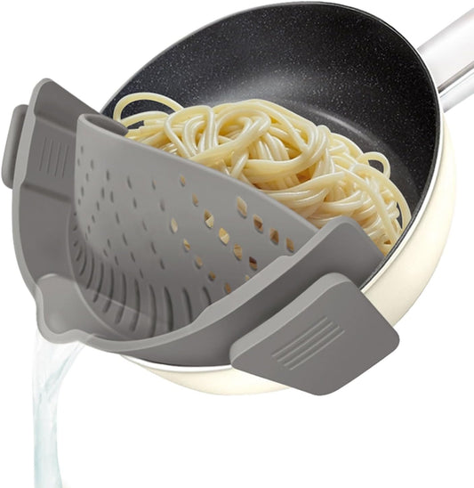 Clip on Strainer for All Pots Pan,Silicone Pasta Strainer | Food-grade BPA-free,Kitchen Gadgets, Food Strainer Collapsible Colander for Noodle,Vegetables,Fruit,Spaghetti (Grey)