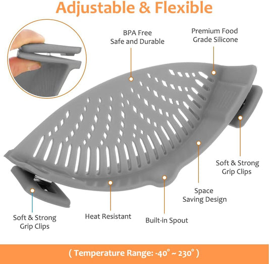 Clip on Strainer for All Pots Pan,Silicone Pasta Strainer | Food-grade BPA-free,Kitchen Gadgets, Food Strainer Collapsible Colander for Noodle,Vegetables,Fruit,Spaghetti (Grey)
