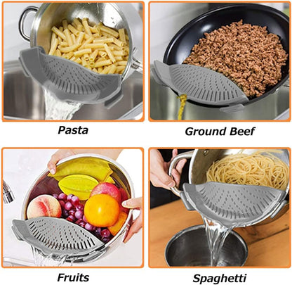Clip on Strainer for All Pots Pan,Silicone Pasta Strainer | Food-grade BPA-free,Kitchen Gadgets, Food Strainer Collapsible Colander for Noodle,Vegetables,Fruit,Spaghetti (Grey)