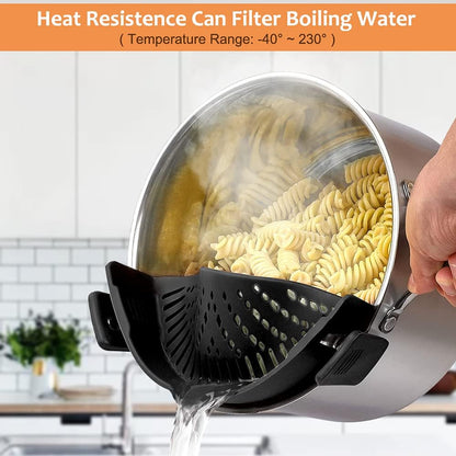 Clip on Strainer for All Pots Pan,Silicone Pasta Strainer | Food-grade BPA-free,Kitchen Gadgets, Food Strainer Collapsible Colander for Noodle,Vegetables,Fruit,Spaghetti (Grey)