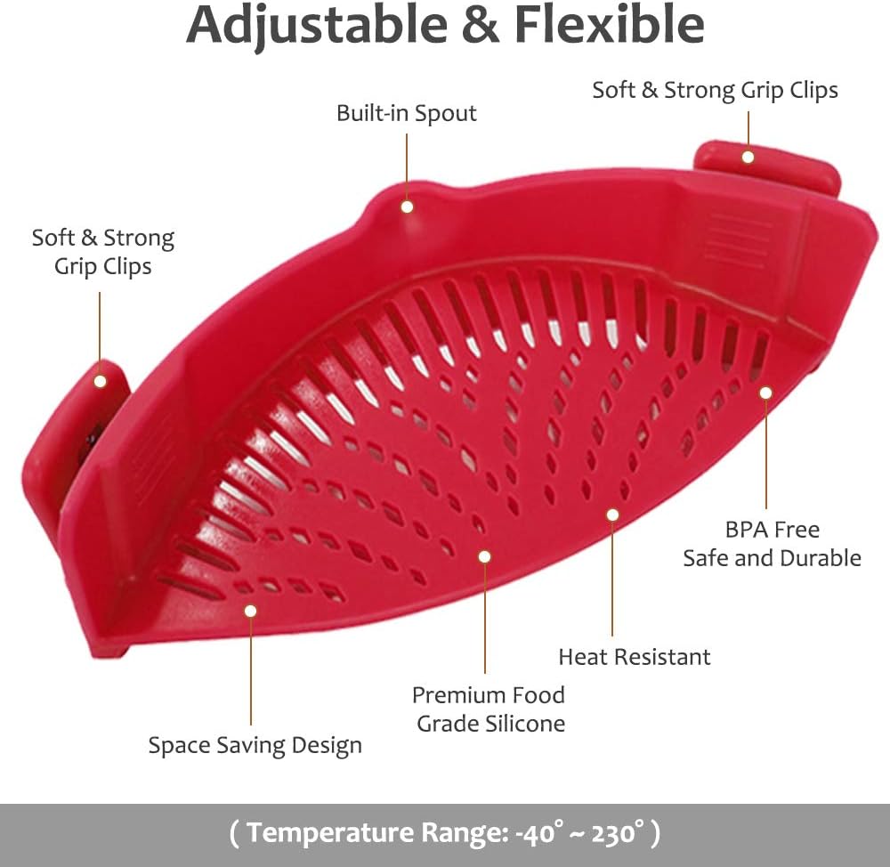 Clip on Strainer for All Pots Pan,Silicone Pasta Strainer | Food-grade BPA-free,Kitchen Gadgets, Food Strainer Collapsible Colander for Noodle,Vegetables,Fruit,Spaghetti (Grey)
