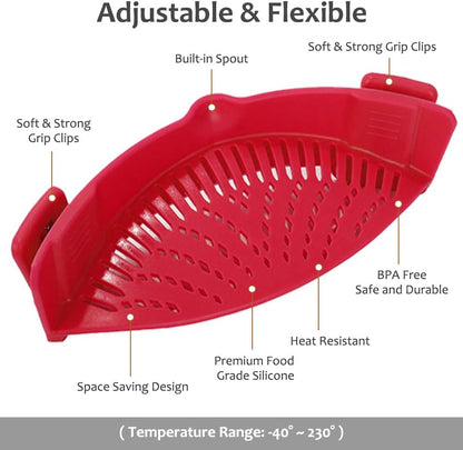 Clip on Strainer for All Pots Pan,Silicone Pasta Strainer | Food-grade BPA-free,Kitchen Gadgets, Food Strainer Collapsible Colander for Noodle,Vegetables,Fruit,Spaghetti (Grey)