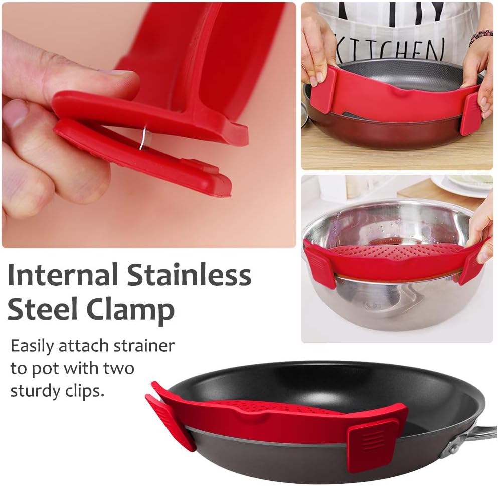 Clip on Strainer for All Pots Pan,Silicone Pasta Strainer | Food-grade BPA-free,Kitchen Gadgets, Food Strainer Collapsible Colander for Noodle,Vegetables,Fruit,Spaghetti (Grey)