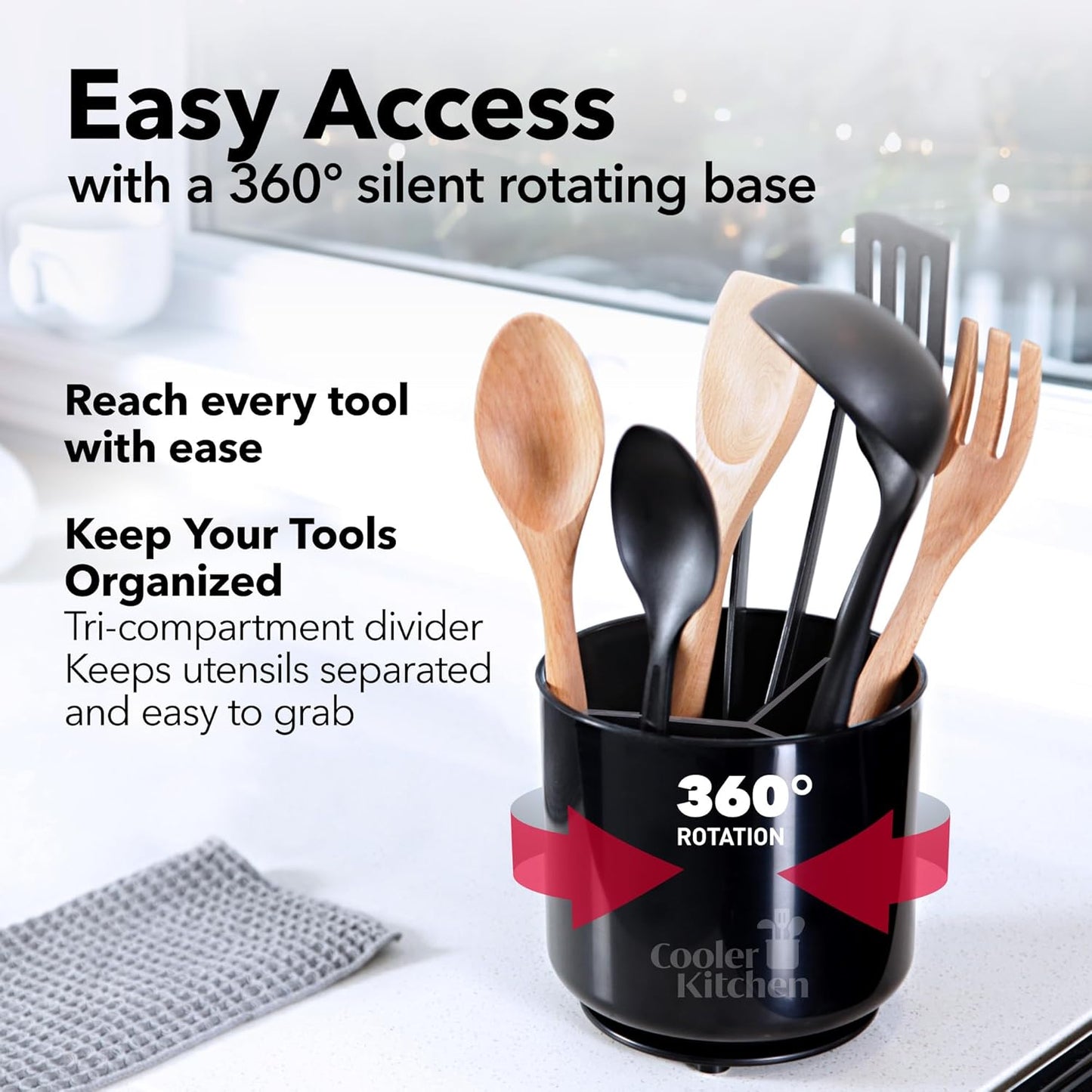 Jumbo Extra Large Sturdy Rotating Black Utensil Holder Caddy with No-Tip Weighted Base, and Gripped Insert - Rust Proof and Dishwasher Safe Kitchen Utensils Holder