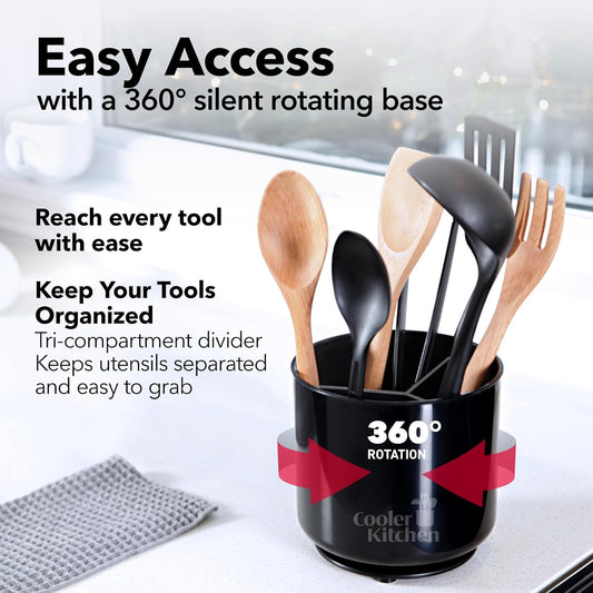 Jumbo Extra Large Sturdy Rotating Black Utensil Holder Caddy with No-Tip Weighted Base, and Gripped Insert - Rust Proof and Dishwasher Safe Kitchen Utensils Holder