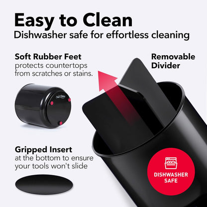 Jumbo Extra Large Sturdy Rotating Black Utensil Holder Caddy with No-Tip Weighted Base, and Gripped Insert - Rust Proof and Dishwasher Safe Kitchen Utensils Holder