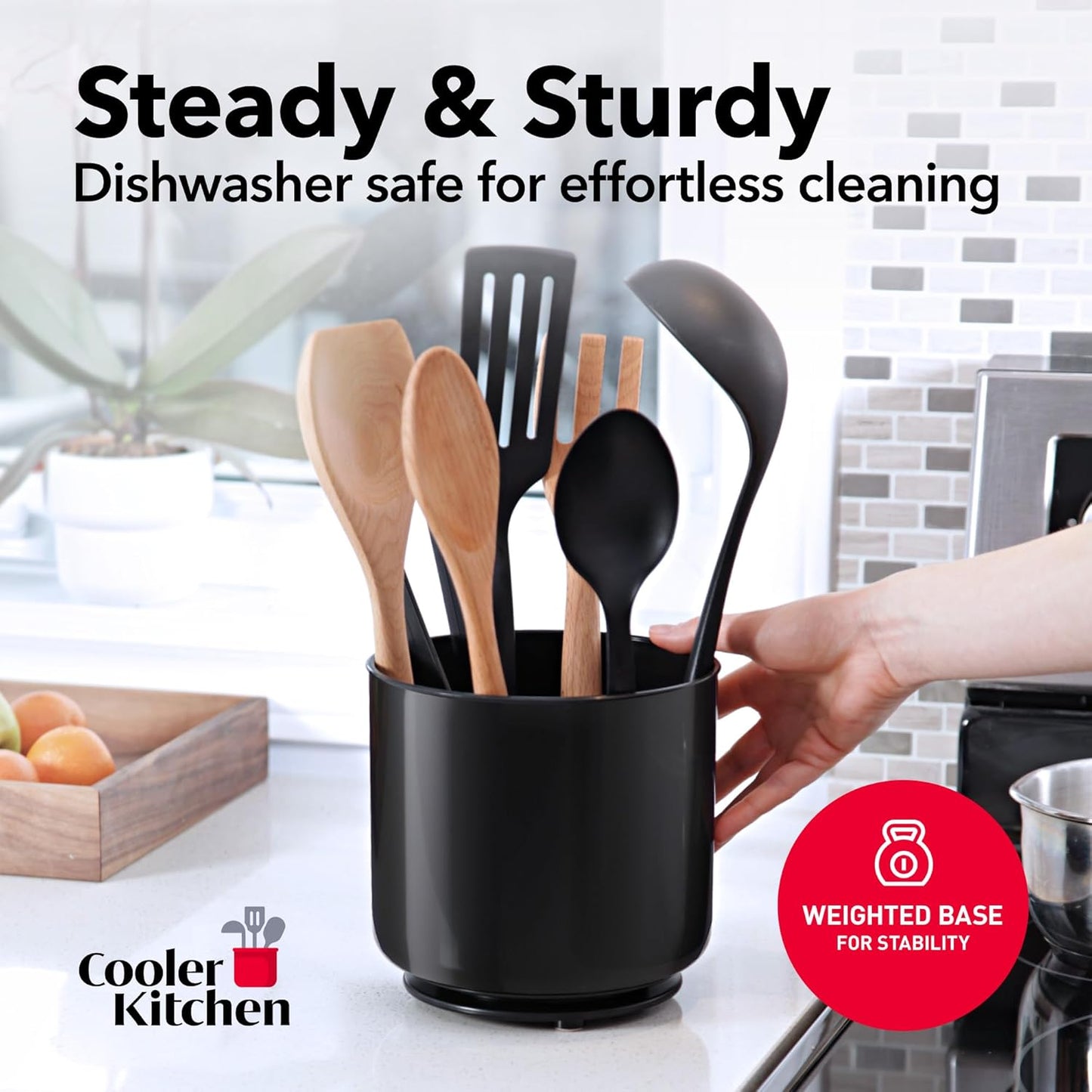 Jumbo Extra Large Sturdy Rotating Black Utensil Holder Caddy with No-Tip Weighted Base, and Gripped Insert - Rust Proof and Dishwasher Safe Kitchen Utensils Holder