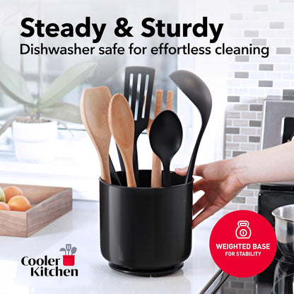 Jumbo Extra Large Sturdy Rotating Black Utensil Holder Caddy with No-Tip Weighted Base, and Gripped Insert - Rust Proof and Dishwasher Safe Kitchen Utensils Holder