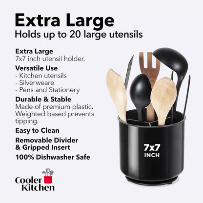 Jumbo Extra Large Sturdy Rotating Black Utensil Holder Caddy with No-Tip Weighted Base, and Gripped Insert - Rust Proof and Dishwasher Safe Kitchen Utensils Holder
