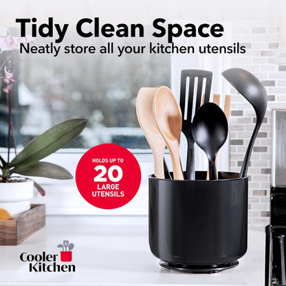 Jumbo Extra Large Sturdy Rotating Black Utensil Holder Caddy with No-Tip Weighted Base, and Gripped Insert - Rust Proof and Dishwasher Safe Kitchen Utensils Holder