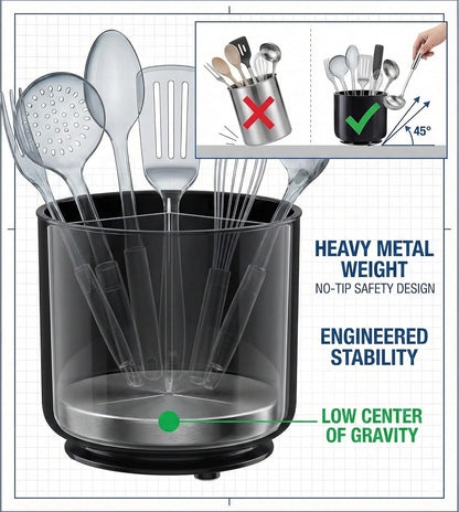 Jumbo Extra Large Sturdy Rotating Black Utensil Holder Caddy with No-Tip Weighted Base, and Gripped Insert - Rust Proof and Dishwasher Safe Kitchen Utensils Holder