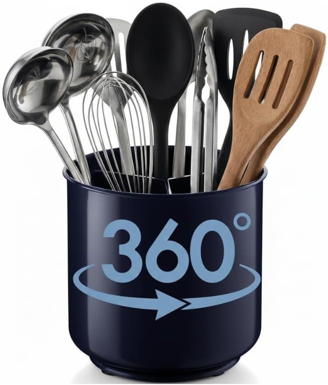 Jumbo Extra Large Sturdy Rotating Black Utensil Holder Caddy with No-Tip Weighted Base, and Gripped Insert - Rust Proof and Dishwasher Safe Kitchen Utensils Holder