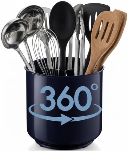 Jumbo Extra Large Sturdy Rotating Black Utensil Holder Caddy with No-Tip Weighted Base, and Gripped Insert - Rust Proof and Dishwasher Safe Kitchen Utensils Holder