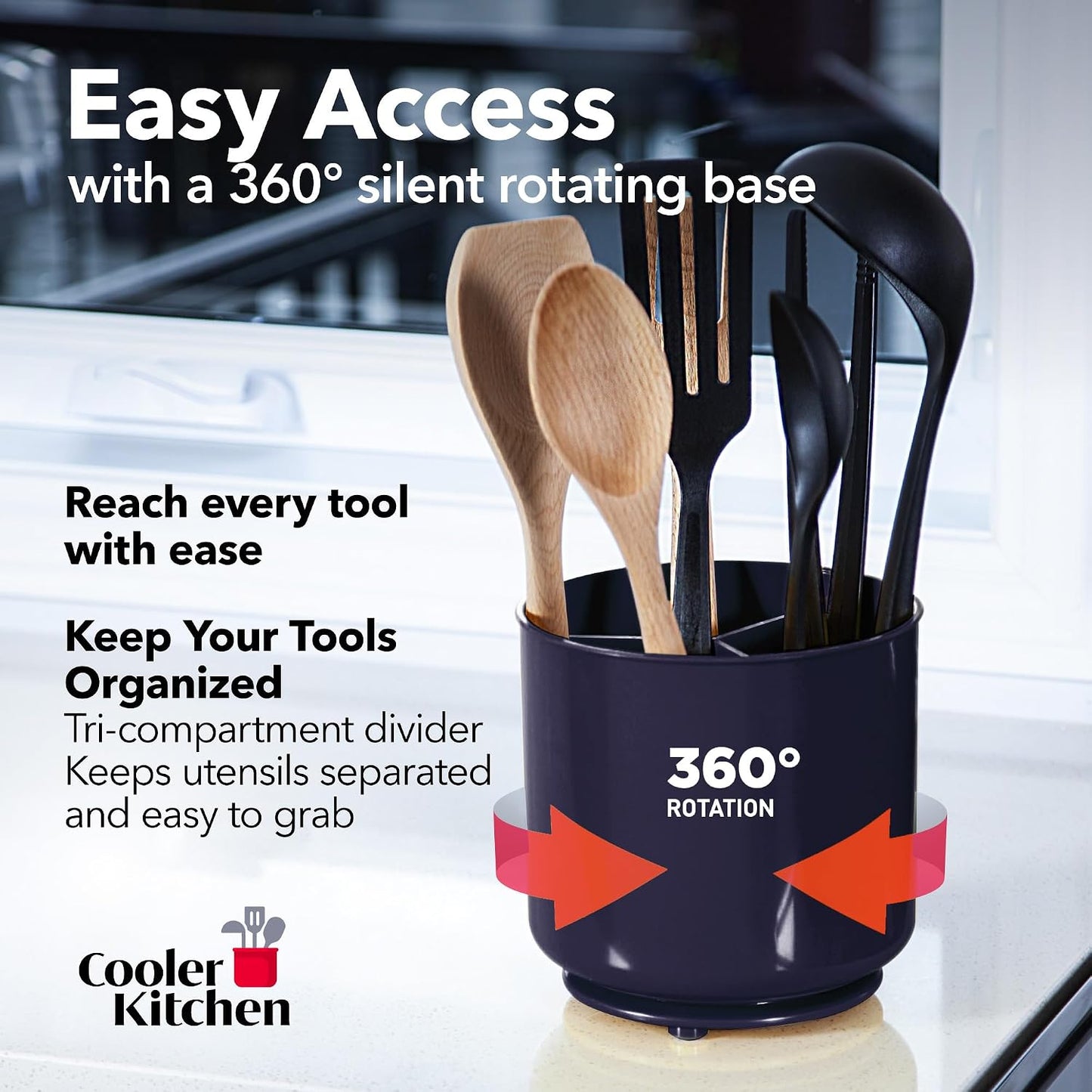 Jumbo Extra Large Sturdy Rotating Black Utensil Holder Caddy with No-Tip Weighted Base, and Gripped Insert - Rust Proof and Dishwasher Safe Kitchen Utensils Holder