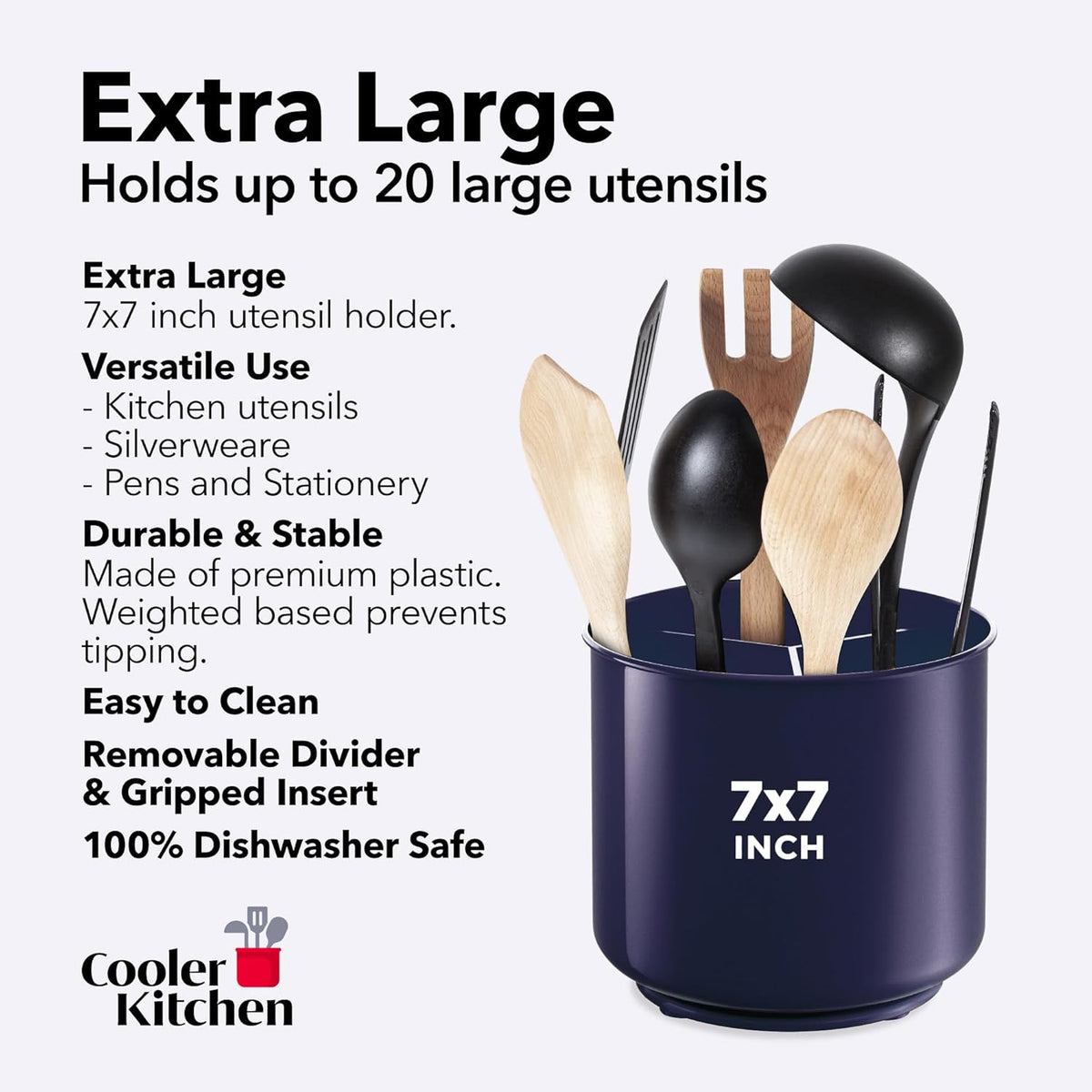 Jumbo Extra Large Sturdy Rotating Black Utensil Holder Caddy with No-Tip Weighted Base, and Gripped Insert - Rust Proof and Dishwasher Safe Kitchen Utensils Holder
