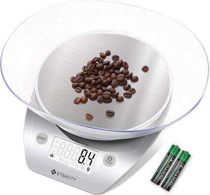 0.1g Food Kitchen Scale, Bowl, Digital Grams and Ounces for Weight Loss, Dieting, Baking, Cooking, and Meal Prep, 11lb/5kg, Stainless Steel Silver