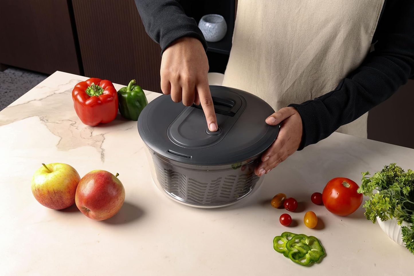 Easy Spin Salad Spinner - Fruit & Veggie Dryer - Produce Spinner & Cleaner for Salad Prep - Dishwasher-Safe Kitchen Essential - Non-Slip Bowl with Pull Handle - Stainless Easy Spin Small