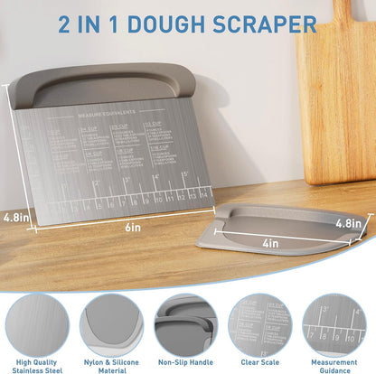 2 IN 1 Upgrade Bench Scraper, Dough Scraper, Stainless Steeel with Scale