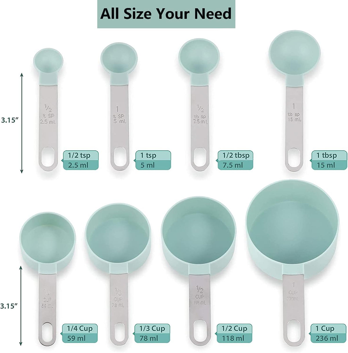 8 Pieces Measuring Cups and Spoons Set / Nesting Measuring Cups with Stainless Steel Handle / for Dry and Liquid Ingredient (Light pink)