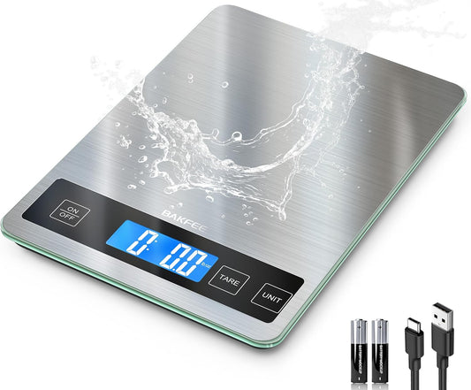 Rechargeable Food Scale, 33lb Kitchen Scale with 1g Precision, Black | Premium Stainless Steel & Tempered Glass, Splash-Resistant Sturdy Surface, USB-C or Batteries, for Cooking, Baking, Meal Prep