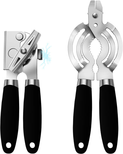 Can Opener Manual, Heavy Duty Handheld Can Opener for Seniors, Sharp Blade Manual Can Openers Smooth Edge, Versatile Hand Can Openers Lid Remover for Kitchen Cans Bottles Lids (2Pack, Black)