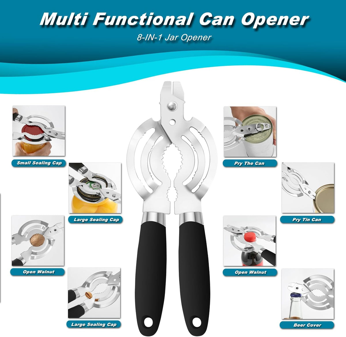 Can Opener Manual, Heavy Duty Handheld Can Opener for Seniors, Sharp Blade Manual Can Openers Smooth Edge, Versatile Hand Can Openers Lid Remover for Kitchen Cans Bottles Lids (2Pack, Black)
