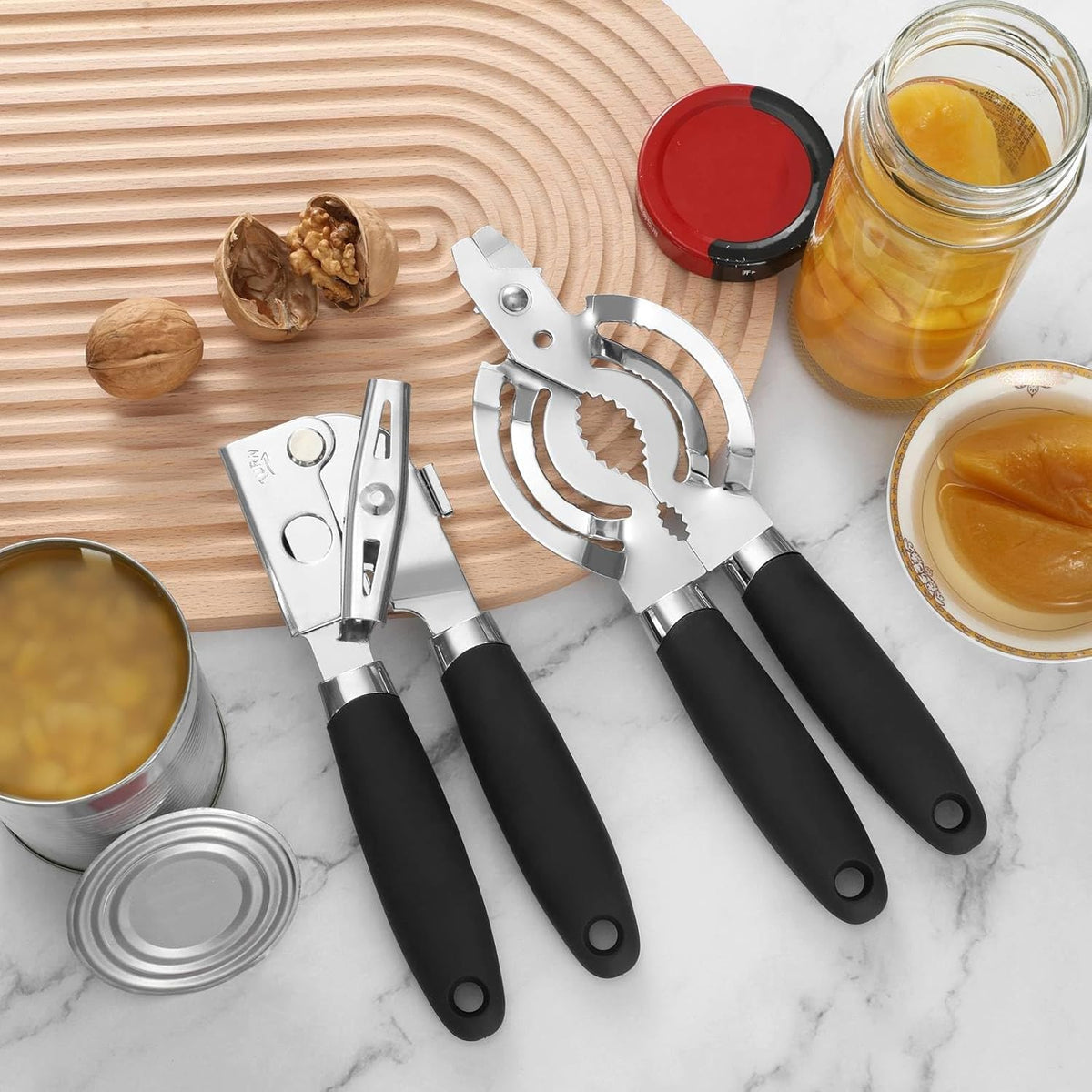 Can Opener Manual, Heavy Duty Handheld Can Opener for Seniors, Sharp Blade Manual Can Openers Smooth Edge, Versatile Hand Can Openers Lid Remover for Kitchen Cans Bottles Lids (2Pack, Black)