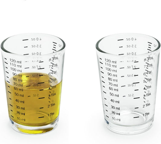 Fox Run Mini Multi-Purpose Liquid and Dry Measuring Shot Glass, Set of 2, 4-Ounce Cups, Clear, Small | Ideal For Measuring Small Increments | 4 Ounce Measuring Shot Glass Set | Thick Glass Walls With Easy To Read Measurements
