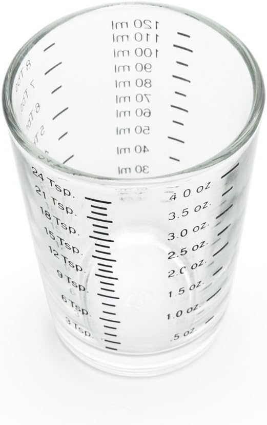 Fox Run Mini Multi-Purpose Liquid and Dry Measuring Shot Glass, Set of 2, 4-Ounce Cups, Clear, Small | Ideal For Measuring Small Increments | 4 Ounce Measuring Shot Glass Set | Thick Glass Walls With Easy To Read Measurements