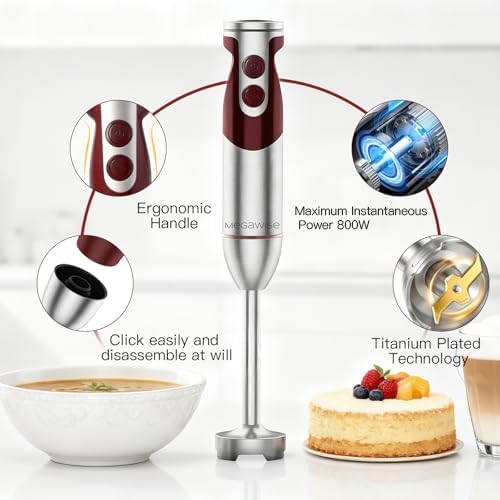 5-in-1 Immersion Hand Blender Set with Variable Speed, 400W, Stainless Steel - Includes Chopper, Whisk, Milk Frother, and Beaker - Ideal for Soups, Smoothies, Baby Food & More (RED)