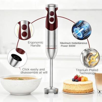 5-in-1 Immersion Hand Blender Set with Variable Speed, 400W, Stainless Steel - Includes Chopper, Whisk, Milk Frother, and Beaker - Ideal for Soups, Smoothies, Baby Food & More (RED)