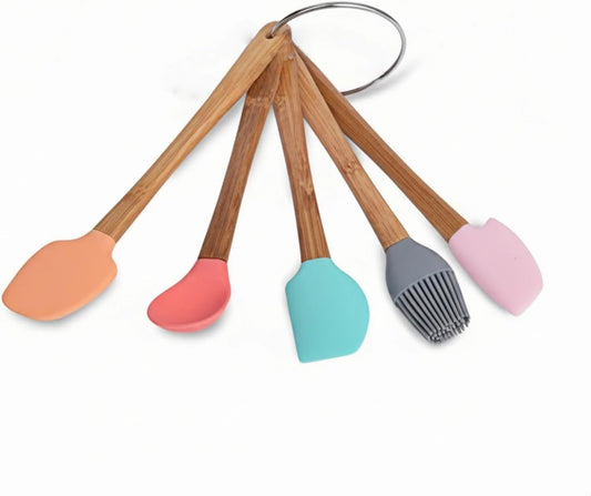 Silicone Mini Spatula,Small Spatulas for Kitchen Use,Rubber Scraper Heat Resistant Silicone Spatula Set Non-Stick Baking Utensils For Baking,Cooking & Stir -Bamboo Handle (5 Colorful)