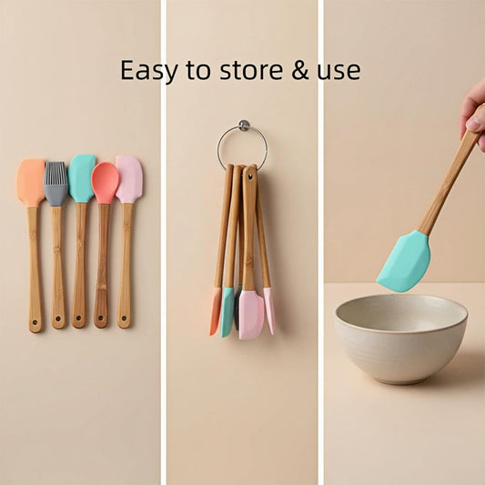 Silicone Mini Spatula,Small Spatulas for Kitchen Use,Rubber Scraper Heat Resistant Silicone Spatula Set Non-Stick Baking Utensils For Baking,Cooking & Stir -Bamboo Handle (5 Colorful)