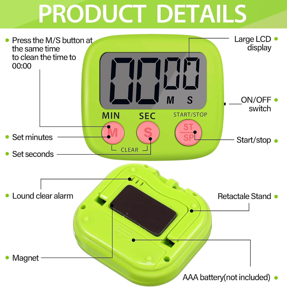 24 Pcs Digital Kitchen Timer Magnetic Timer Bulk On/Off Switch Minute Second Count up Countdown Loud Alarm for Exercise Cook Baking (Blue,Green)