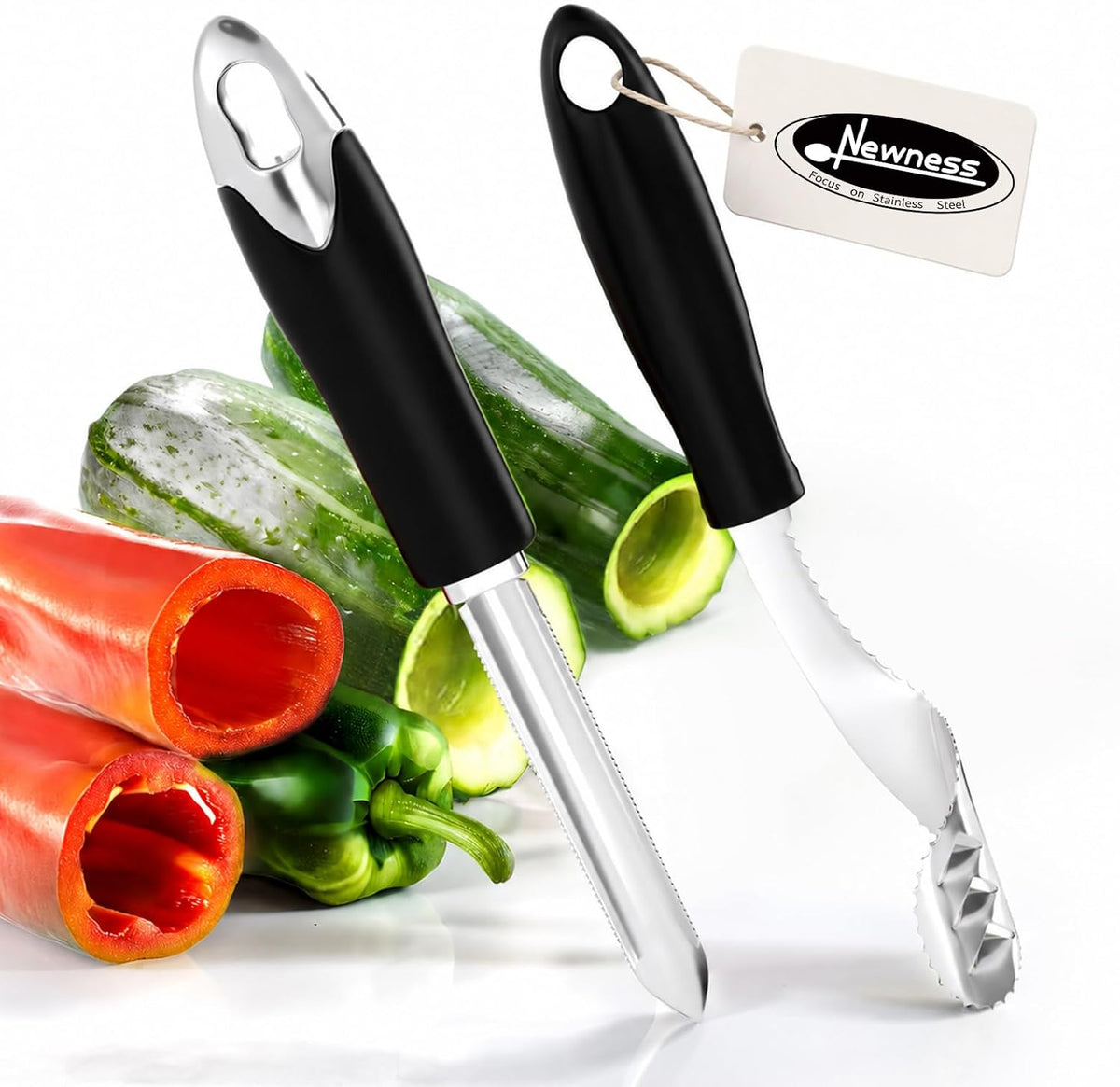Jalapeno Pepper Corer & Zucchini/Cucumber Corer, Set of 2, Newness Stainless Steel Core Deseeder Kitchen Tool with Serrated Slice and Rubber Handle, Easy for Seed Remover or Slice off Vegetables tops