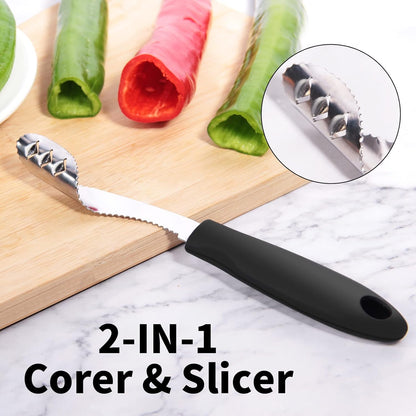 Jalapeno Pepper Corer & Zucchini/Cucumber Corer, Set of 2, Newness Stainless Steel Core Deseeder Kitchen Tool with Serrated Slice and Rubber Handle, Easy for Seed Remover or Slice off Vegetables tops