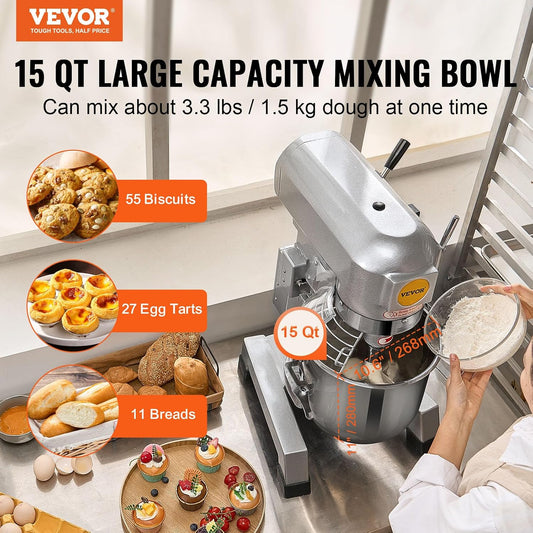 Commercial Food Mixer 15Qt, Commercial Mixer with 3 Adjustable Speeds, 550W Dough Mixer,Commercial Stand Mixer with Stainless Steel Bowl