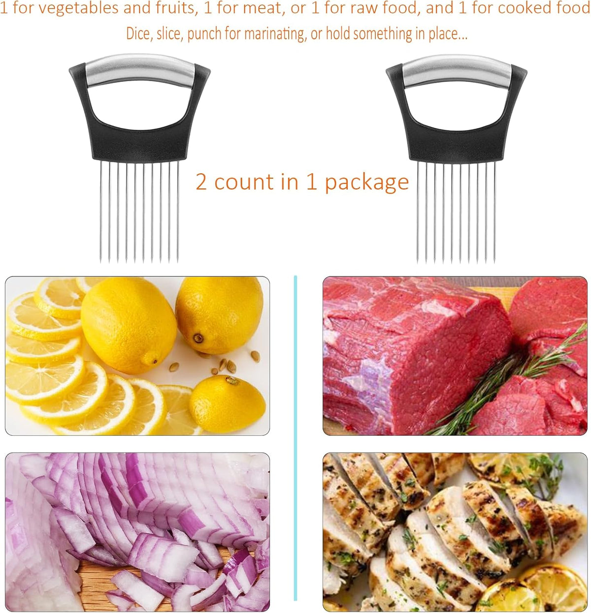 【2 PCS】Easy Onion Holder for Slicing Onion Slicer Holder Large Onions Cutter Vegetable Chopper Kitchen Neat Slicing for Avocado Egg Meat Tenderizer Sharp Prong Tomato Slicer Lemon Holder Food Slicers