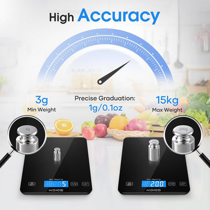 Food Scale, 33lb/15Kg Digital Kitchen Scale for Food Ounces and Grams Cooking Baking, 1g/0.1oz Precise Graduation, Waterproof Tempered Glass, USB Rechargeable, 6 Weight Units, Tare Function